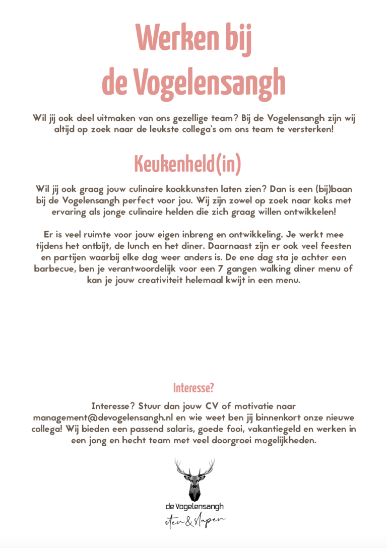 vacature Vogelenzang Bennebroek werken bijbaan horeca